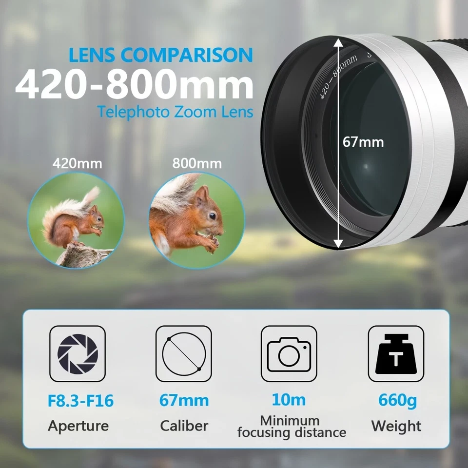 Professional 420-800mm F/8.3-16 Telephoto Lens for Canon Nikon DSLR Cameras - Image 4 of 4