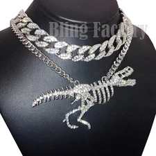 Hip Hop Silver Plated T-REX Skeleton Necklace & 18" Iced Cuban Choker Chain Set