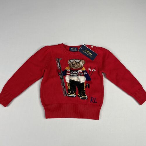Polo Ralph Lauren Girls 3/3T Polo Ski Bear Red Cotton Knit Sweater - 第 1/11 張圖片