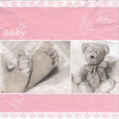 HOME FASHION 1 Paket ServiettenINapkins Geburt/Taufe Babyfüsschen Teddybaer rosa