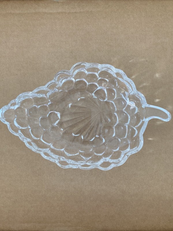 VINTAGE Anchor Hocking Glass GRAPES Leaf Relish Bubble Dish