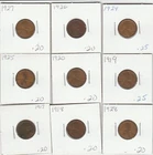 Lincoln Cents Lot Of 9: 1917, 1918, 1919, 1920, 1924, 1925, 1926, 1927, 1928 VG+