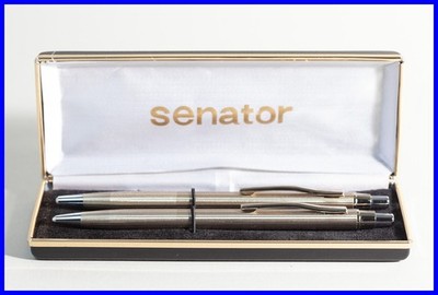 Senator Ballpoint Pen & Pencil Set Chrome Needle Stripe Space Design