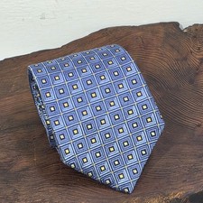XMI All Silk Blue Gold Geometric Square Necktie Handmade USA Made in Italy
