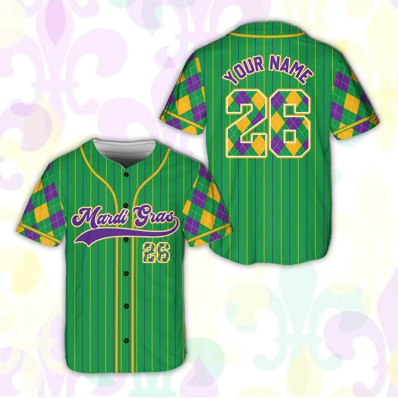 Personalized Argyle Mardi Gras New Orleans Festival Baseball Jersey