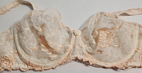 Vtg Lise Charmel 36E Bra Cream Embroidered Tangarine Rose Underwire Lace 