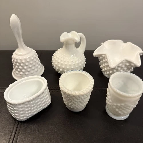 Vintage Fenton White Milk Glass Hobnail Set of 6  bell, bowls, creamer, basket