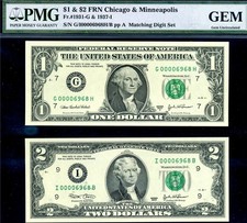 HGR 2003/2003A $1 + $2 (RARE Matching LOW Serial#6968) PMG GEM UNCIRCULATED