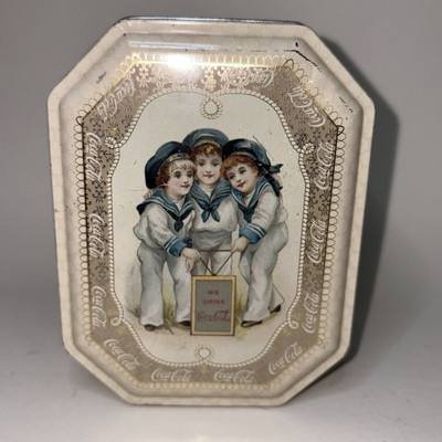 Vintage Coca Cola Coke tin 3 sailors and 3 girls cream color some dents 4x5