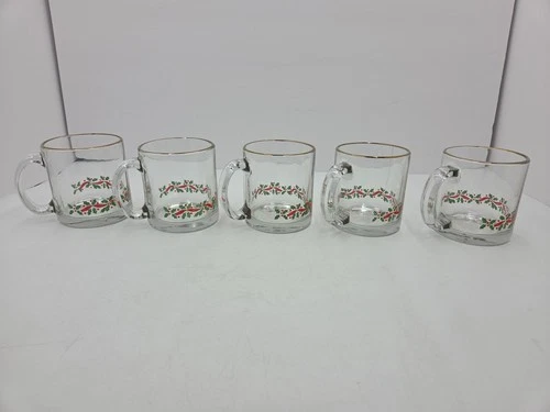 5 Libbey USA Clear Glass Christmas Holiday Mugs w Gold Trim & Holly Berries