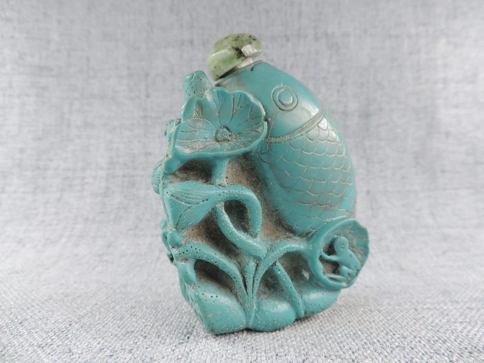 Frasco de rapé chinês antigo esculpido à mão estátua de peixe garrafa de rapé - Imagem 3 de 4