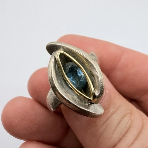 VINTAGE HANDMADE STERLING & GOLD BLUE TOPAZ HEAVY MOD RING