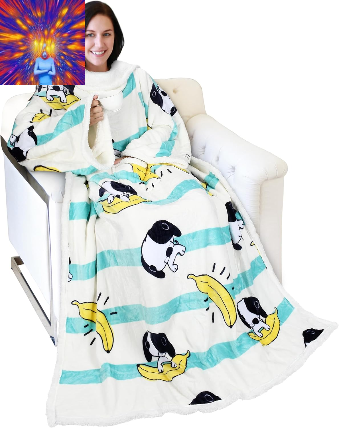 Sherpa Wearable Blanket with Sleeves Arms, Comfy Sleeved TV Wrap Blanket, Large