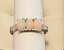 Ethiopian Welo Opal  White Zircon 3 stone ring in Platinum over 925 SS size 6