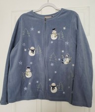 Croft Barrow Fleecy 1X Embroidered Christmas Zip Up durable Sweater Smoky Blue