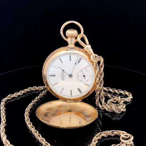 Elgin 14K Gold Double Hunter Pocket Watch Antique 1895 117 7j Ornate 6s Pendant