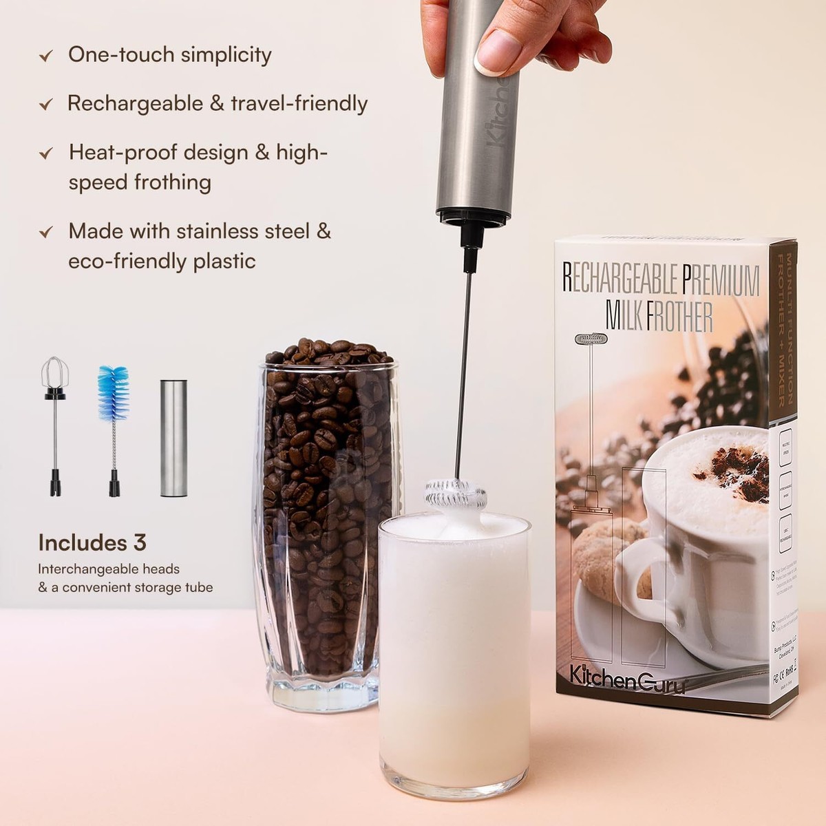 Premium Electric USB Rechargeable Milk Frother Three Whisk Handheld Coffee  Mixer