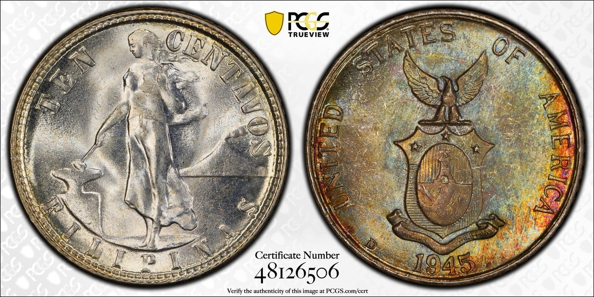 1945 D US Philippines Silver 10 Centavos PCGS MS-67 Rainbow Toning