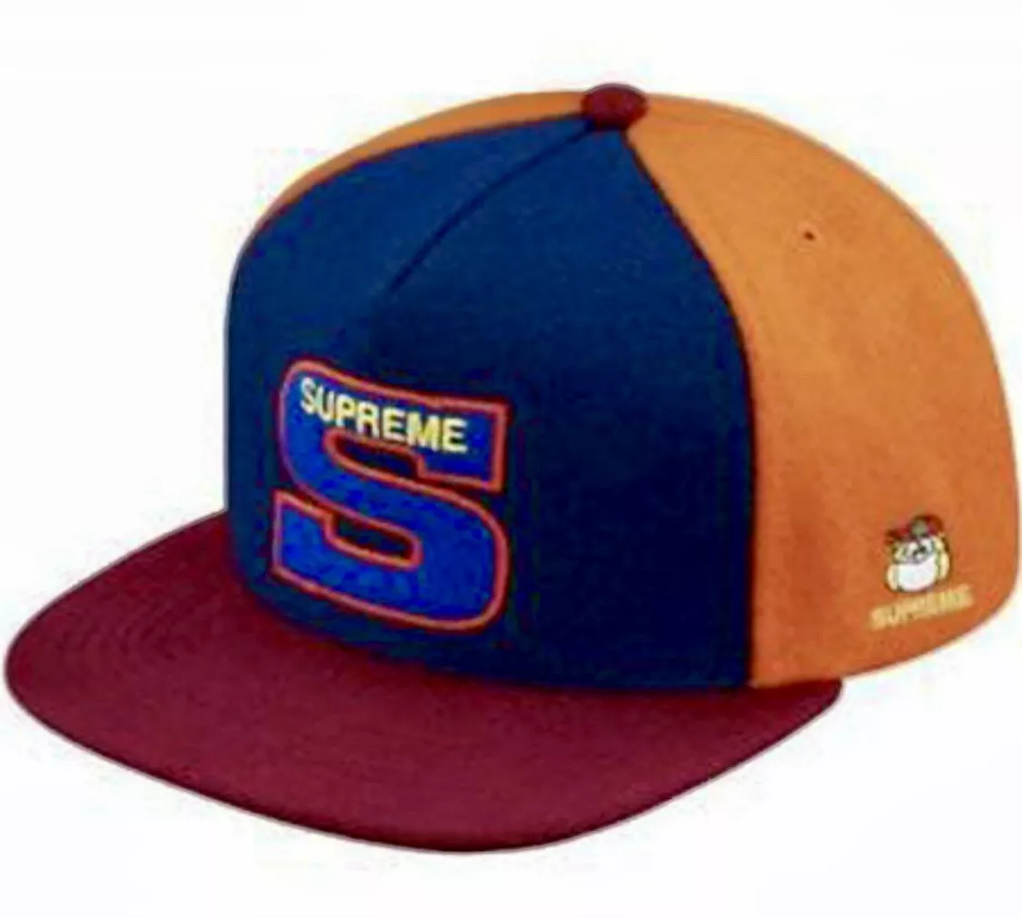 Casquette snapback Supreme Milano feutre 5 panneaux bleu marine orange rouge marron FW15 neuve