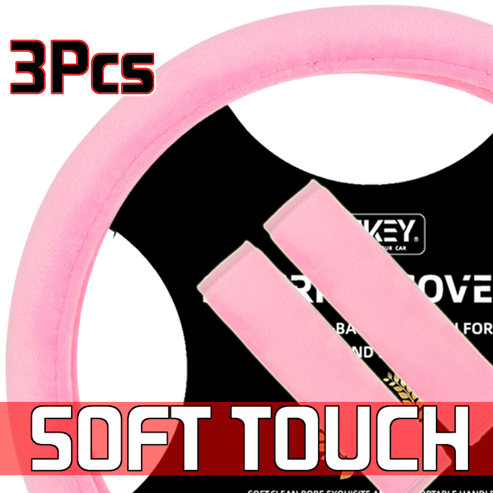 3x Car Pink Steering Wheel Cover Seat Belt Strap Pad Cushion Harness Plush Women