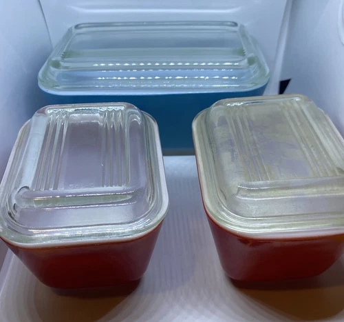 Vintage Lot  Of 3 Pyrex Refrigerator Dishes covers Ribbed Glass Mixed Sizes