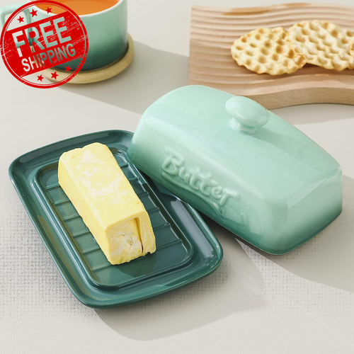 Large Porcelain Butter Dish with Lid, Classic Matte Butter Keeper for Counterto - Picture 6 of 12
