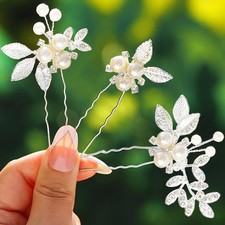 3 Pack Pearl Wedding Hair Pins Silver Leaf Bridal Accessories Rhinestone Women