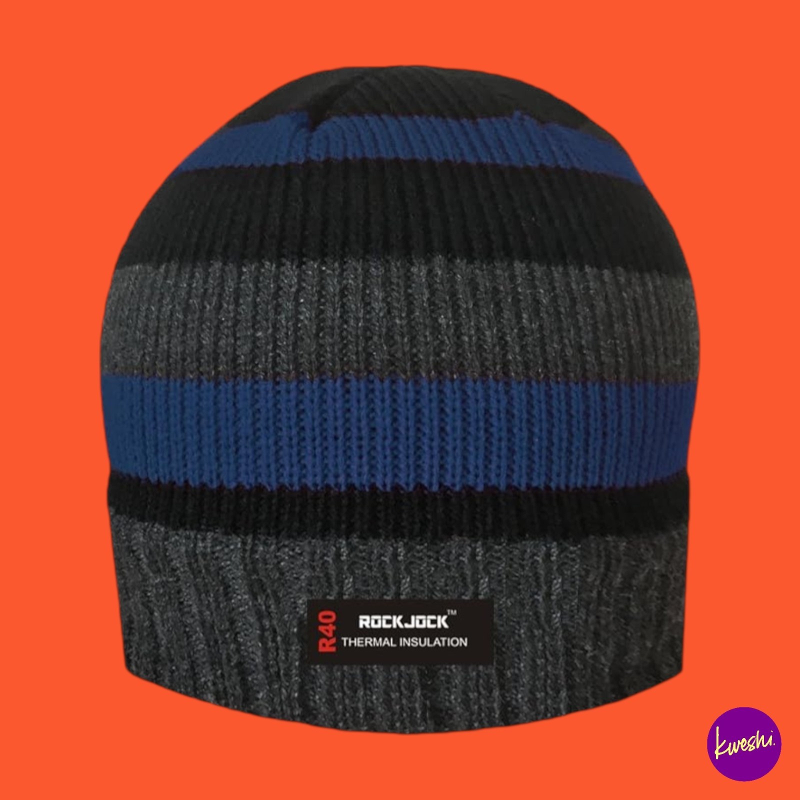 ROCKJOCK Unisex Thermal Beanie Hat, Fleece Lined, Black Blue Striped, One Size