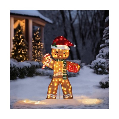 5FT Gingerbread Man with Candy Cane and Gift Box Decoration, 2.5D Pre-Lit Gin...
