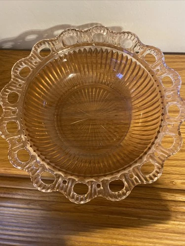 VTG Anchor Hocking Glass Bowl Old Colony Open Lace Edge Ribbed Pink Depression