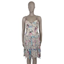 72801 auth CHANEL cream pink blue silk 07C GRAFFITI TWEED Dress 38 S