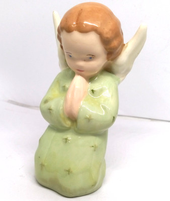Vintage Unmarked 4'' Porcelain Green Dress Praying Angel  Figurine
