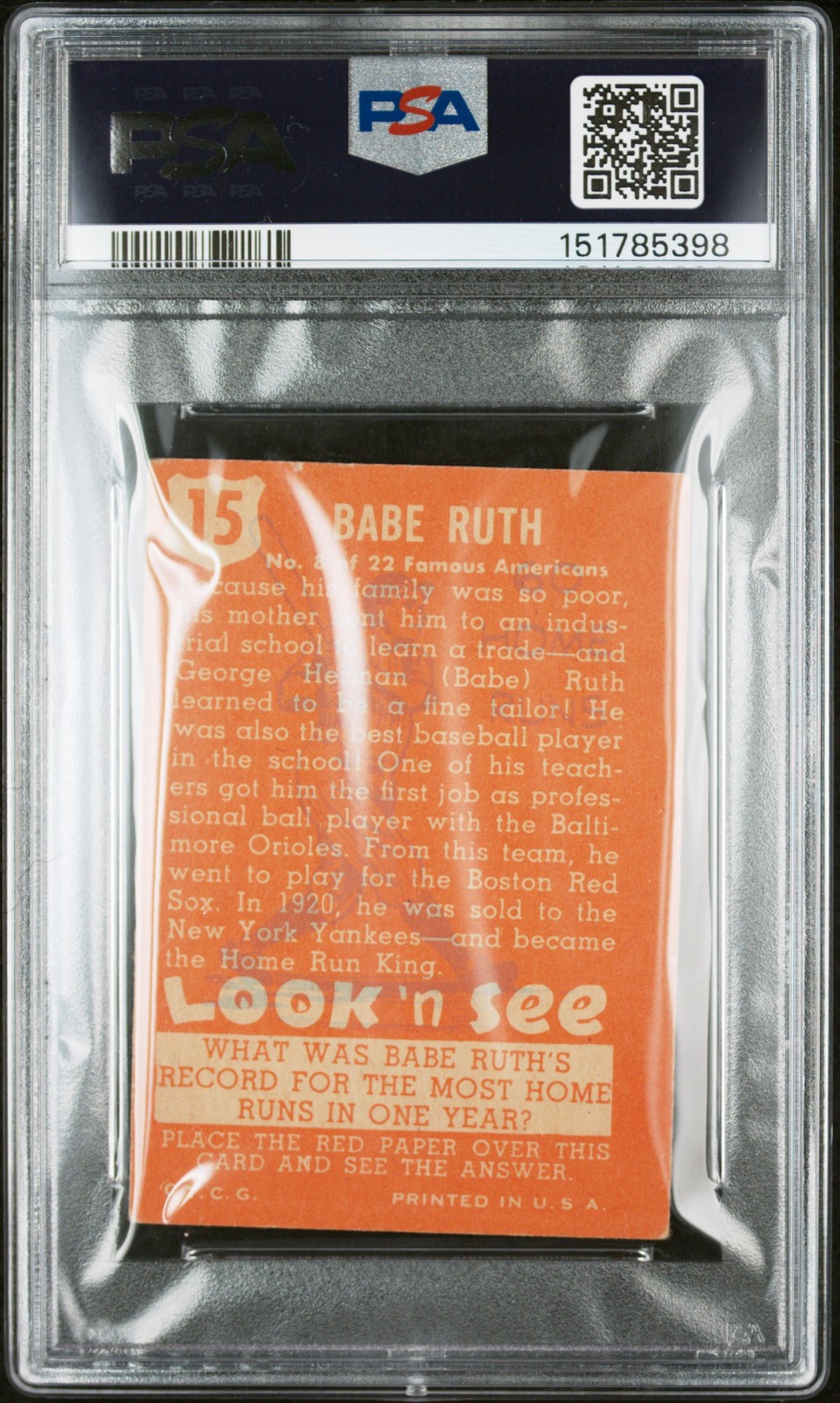 1952 LOOK 'N SEE #15 BABE RUTH PSA 4 view 2