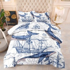 Whale Comforter Set - Twin Size Nautical Sailing Quilt Set - White and Blue O...