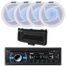 Marine Bluetooth CD Receiver, 4x 4" 100W Blue Flash LED Speakers, Cover White 