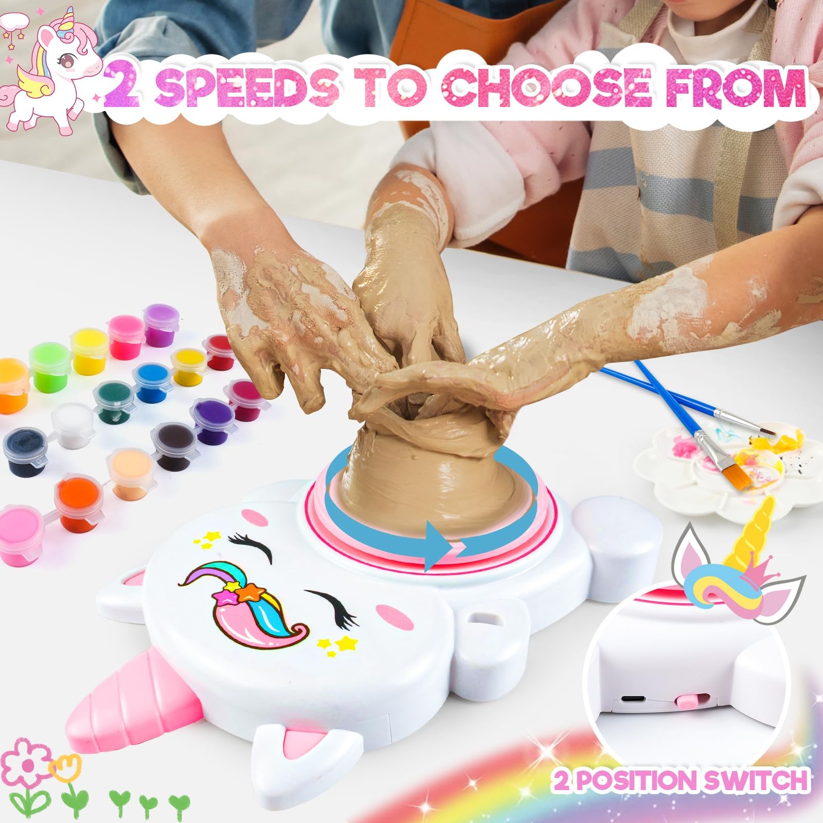 Pottery Wheel Kit for Kids with Glow Paints, Complete Pottery Arts Crafts Toy...