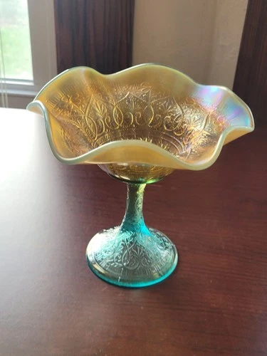 Very Pretty Aqua Opalescent Northwood Carnival Glass Hearts & Flowers Compote