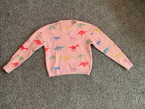 Girls Pink Dinosaur Pullover Knit Sweater Long Sleeve Crew Neck Casual