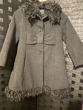 Rothschild Girls Dress Long Winter Coat Charcoal Gray Faux Fur Collar Hem Sz 8