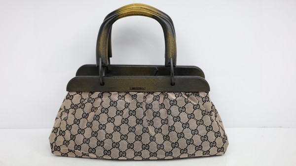 Vintage GUCCI GG Canvas Wood Frame Top Handle Handbag Tote Bag Rare