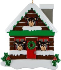Log Cabin Bear Family Christmas Personalized Ornament Custom Name Keepsake