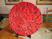 Stunning Massive Chinese Cinnabar? Lotus Blossom Charger W/Stand