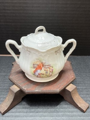 Sugar Bowl Lid Porcelain Vtg Old Women in the Shoe Cottagecore Farm Shabby Chic