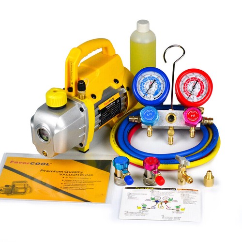 FAVORCOOL 3CFM 1/4HP Vacuum Pump AC Manifold Gauge Set Combo for R410A