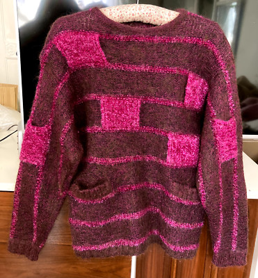 VINTAGE-1980 italienischer mehrfarbiger Mohair Pullover & Schulterpolster & Taschen. Größe: M