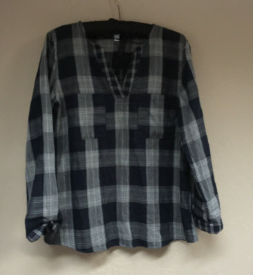 Esprit Womens Size 6 Organic Cotton Checked Top Blouse Long Sleeve Casual Navy