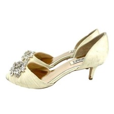 BADGLEY MISCHKA Crystal Embellished Peep Toe Satin Ivory Pump SZ 6 NEW SH05