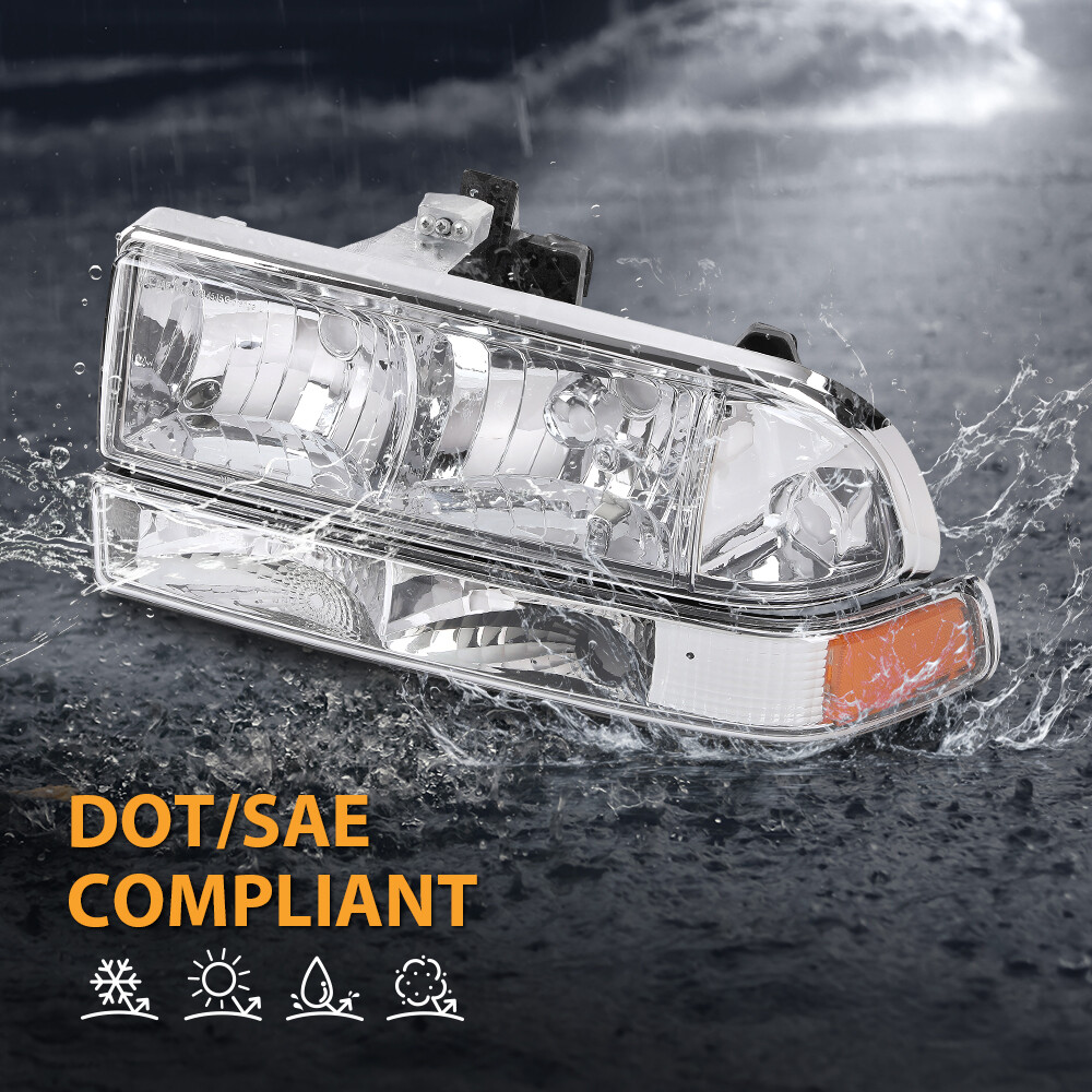 Chrome w/Amber Corner Headlight Bumper Headlamp For 98-2004 Chevy S10