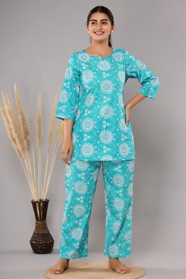 Indian Handmade Cotton Floral Women Night Suit Set Lounge WearEthnic Pajama  Set | eBay