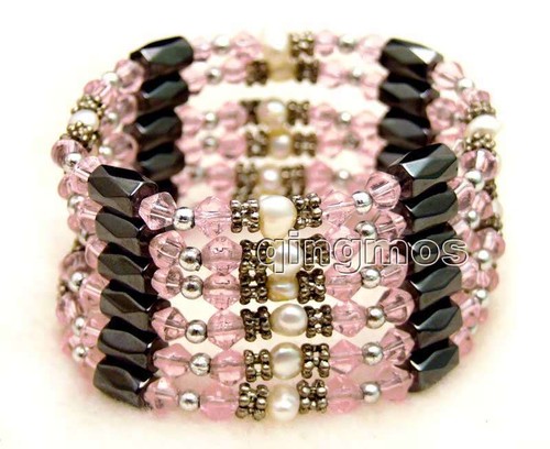 OFERTA 4-5mm Blanco Natural Perla y Rosa Cristal y Hematita 36"" Pulsera-bra360 - Imagen 2 de 5